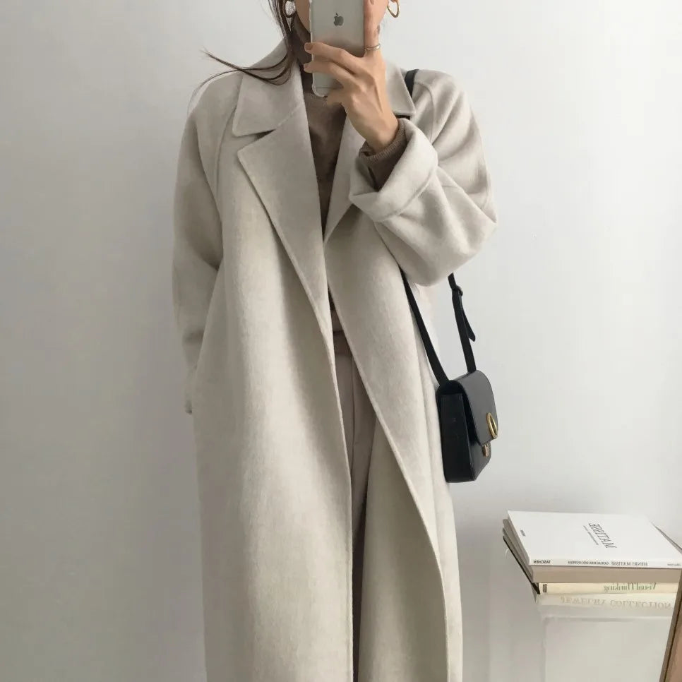 Elegant Woolen Coat Women's 2025 Autumn Winter Mid Length Adjustable Waist Thick Casual Long Sleeve Fashion Wool Coats Female