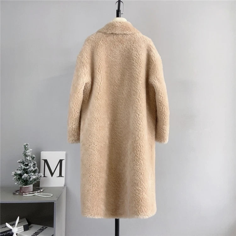 100% Wool Coat Women New Warm Sheep Shearing Long Solid Color Long Coat Lamb Wool casacos femininos inverno 2025