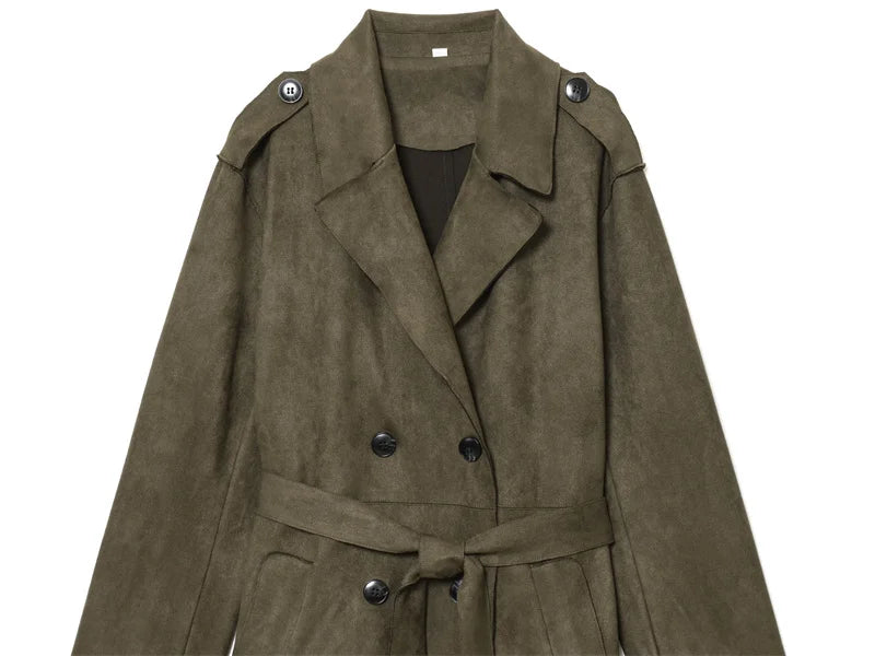 Women's Trench Coat 2025 Autumn New Style Military Green Long Sleeve Suede Effect with Belted Decoration Long Coat Stylish