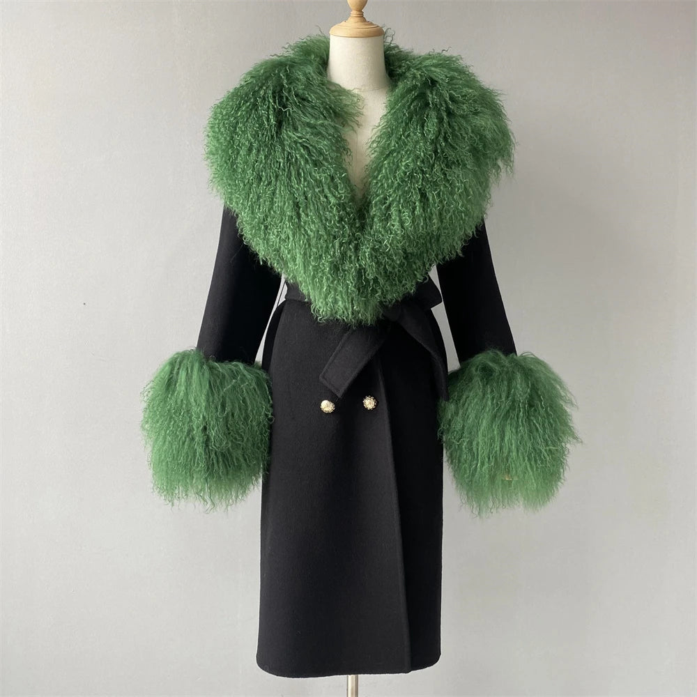 Women Cashmere Wool Coat With Real Mongolian Sheep Fur Collar  Ladies Autumn Winter Fashion Long Outwear Full Sleeve Fur Jacket