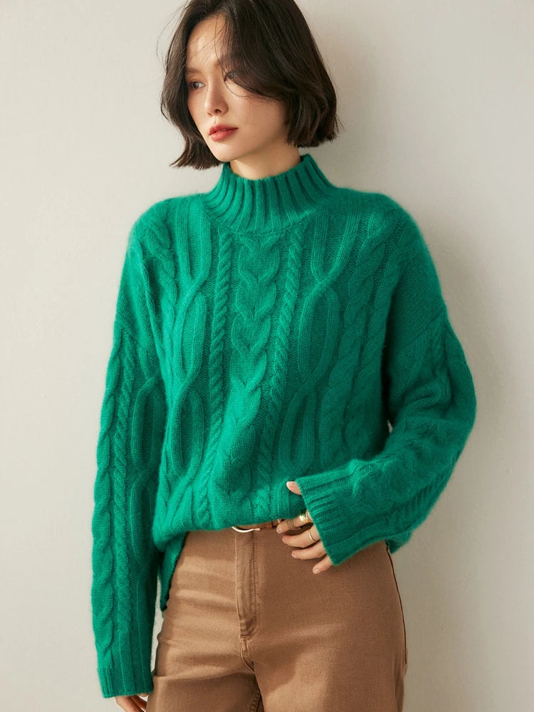 Women 100% Cashmere Sweater Mock Neck Pullover Cable Knitting Vintage Loose Style Thickened Cashmere Knitwear Autumn Winter Tops