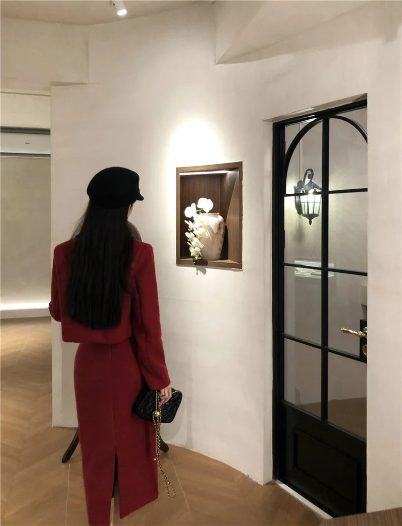 Winter Outfit Women 2024 New Elegant Lady Thickened 2 Pieces Sets Women Sweet Fashion Short Coat High Waist Long Skirt Suits