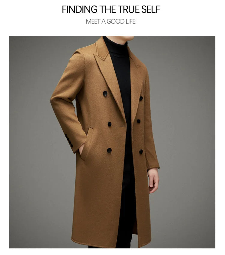 High-end Men's Double-breasted Wool Coat Fashionable Long Wool Knee-length Casual Suit Jacket for Men Peak Lapel Customized Coat