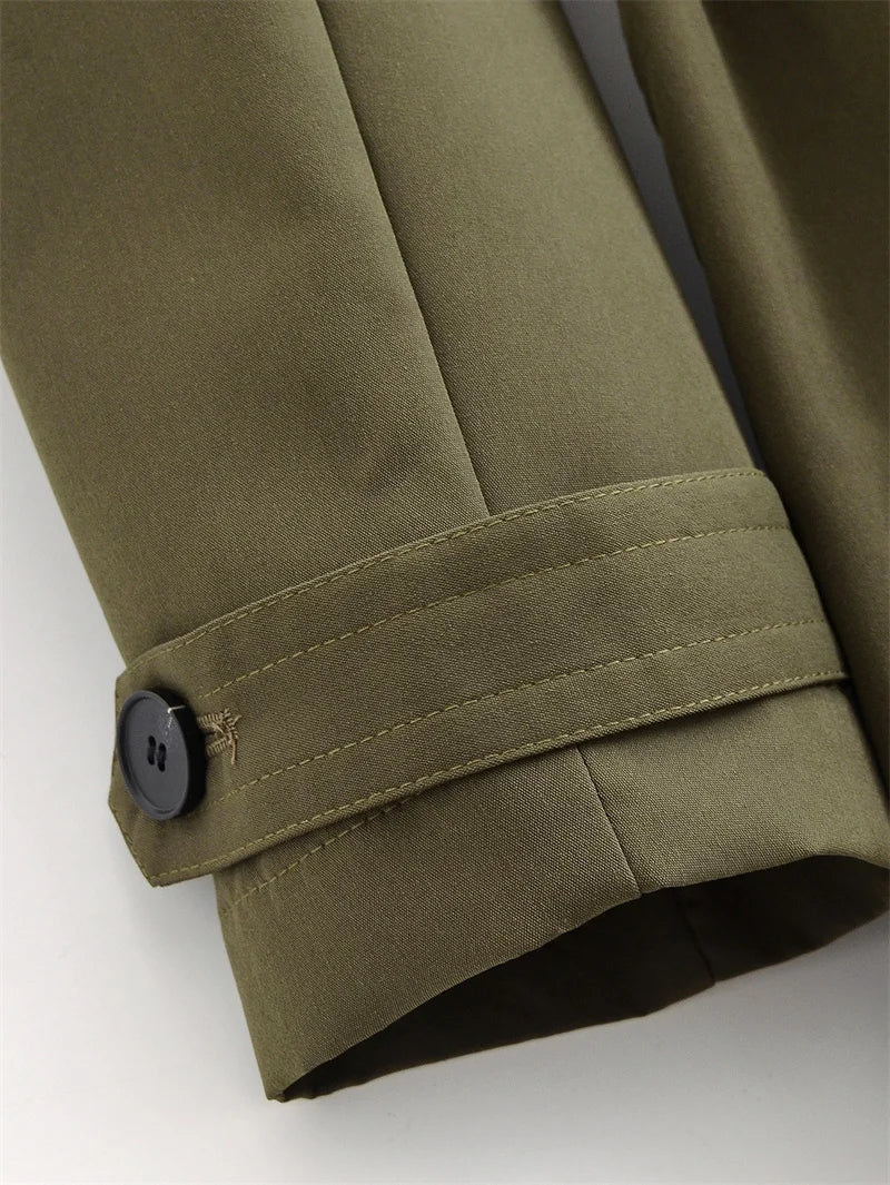Women's Trench Coat 2025 Autumn New Style Army Green Long Sleeve Double-Breasted Belt Decorated Trench Coat Outerwear British