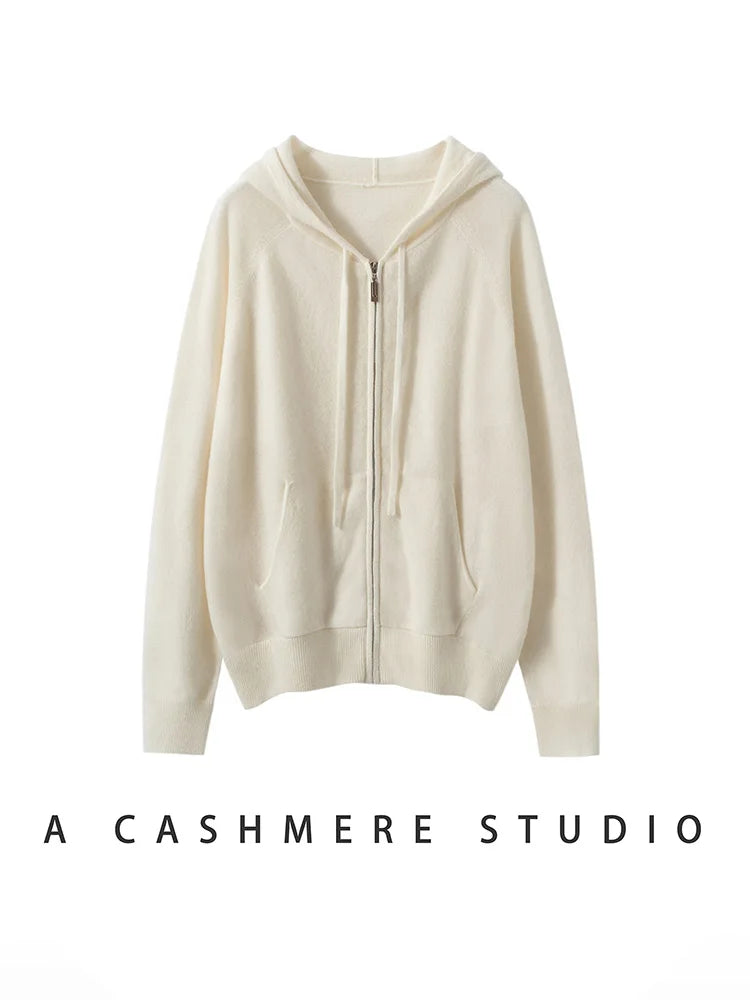 New Women 100% Cashmere Sweater Hooded Zipper Cardigan Cashmere  Autumn Winter Soft Long Sleeve Casual Simple Style Clothing Top