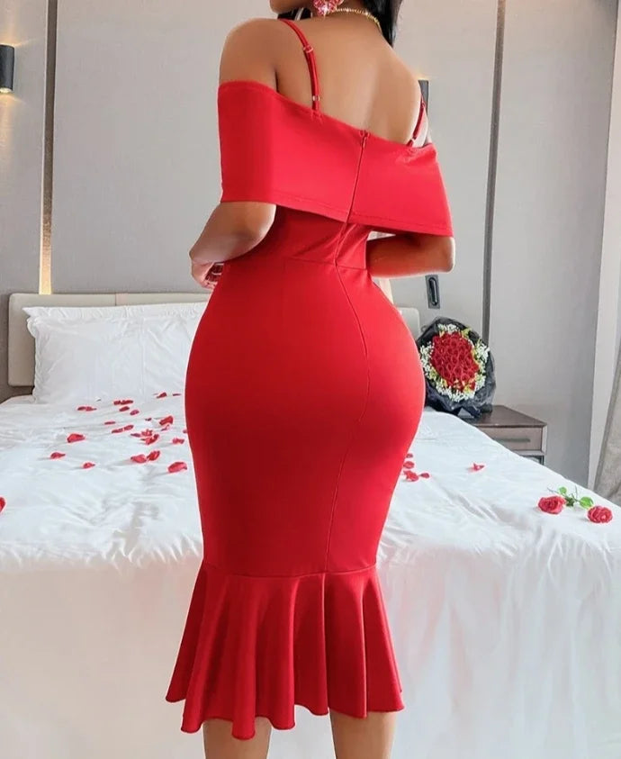 Fashion Women's Dresses 2025 Spring Elegant Off Shoulder Spaghetti Strap Fishtail Midi Bodycon Bowknot Design Sexy Party Dress