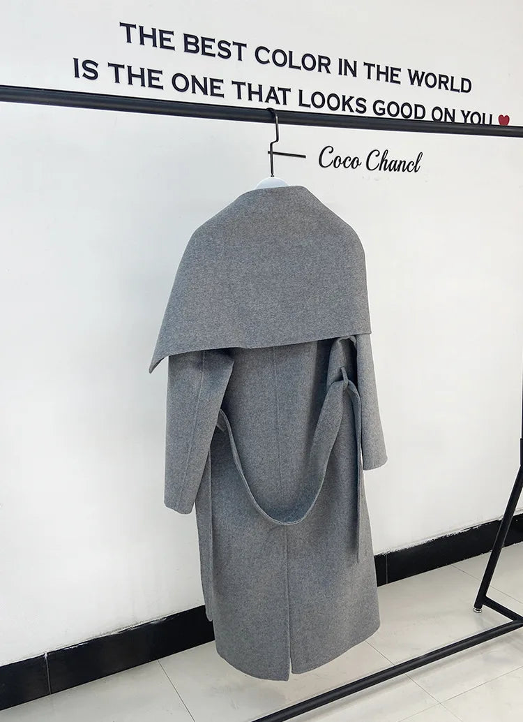 New Hand-sewn Cashmere Wool Coat Women New Mid-length Big Scarf Collar Loose Lace-up Warm Double-sided Wool Coat Fashion Winter