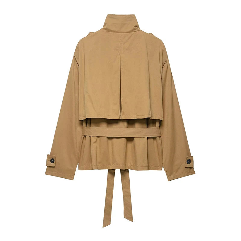 Women Fashion Cinched Waist Short Workwear Jacket Stand Collar Belted Trendy And Versatile Trench Coat Casual Stylish Streetwear