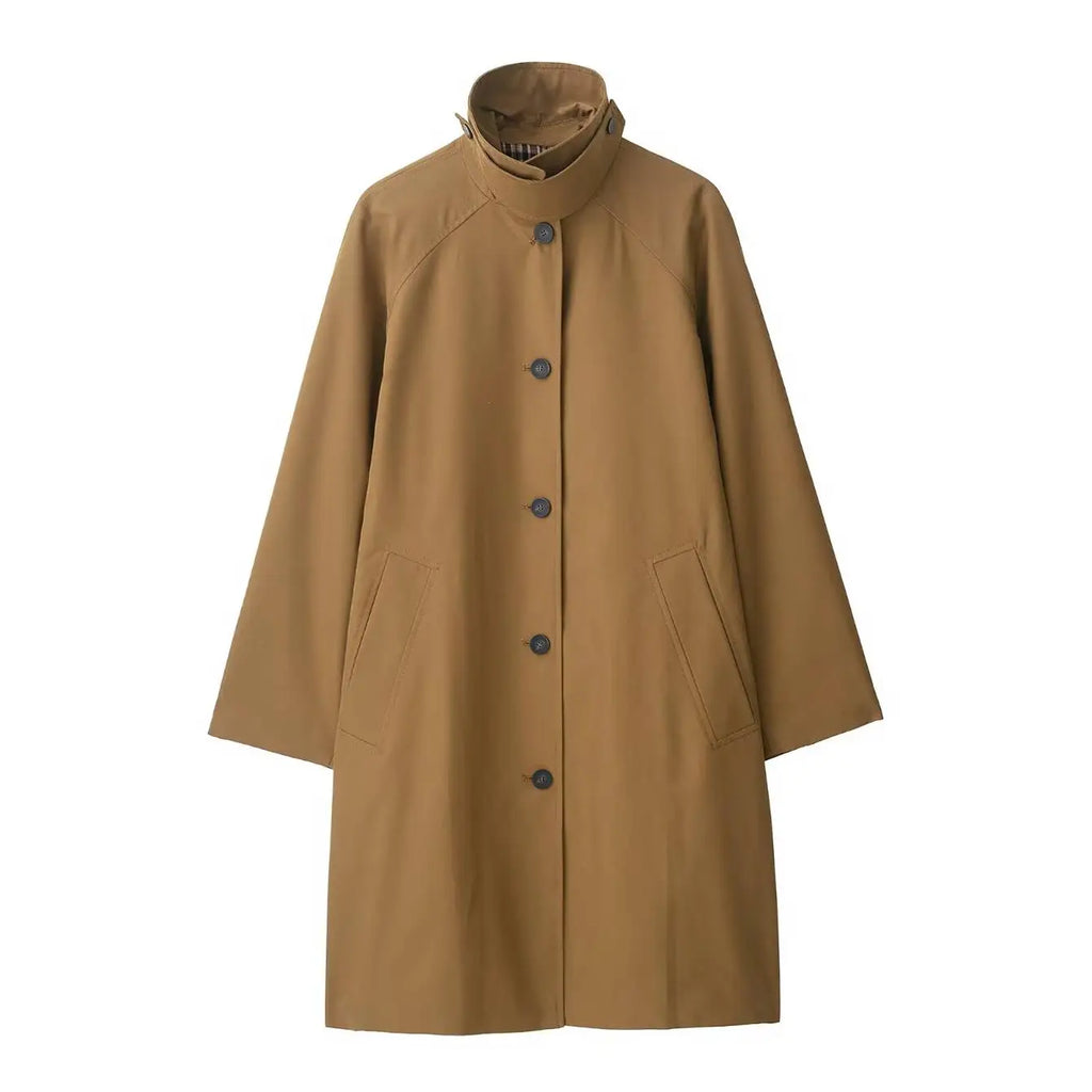 2025 New Women Mid-length Trench Coat Solid Single-Breasted Stand Collar Classic Windbreaker Female Casual Chic Outerwear