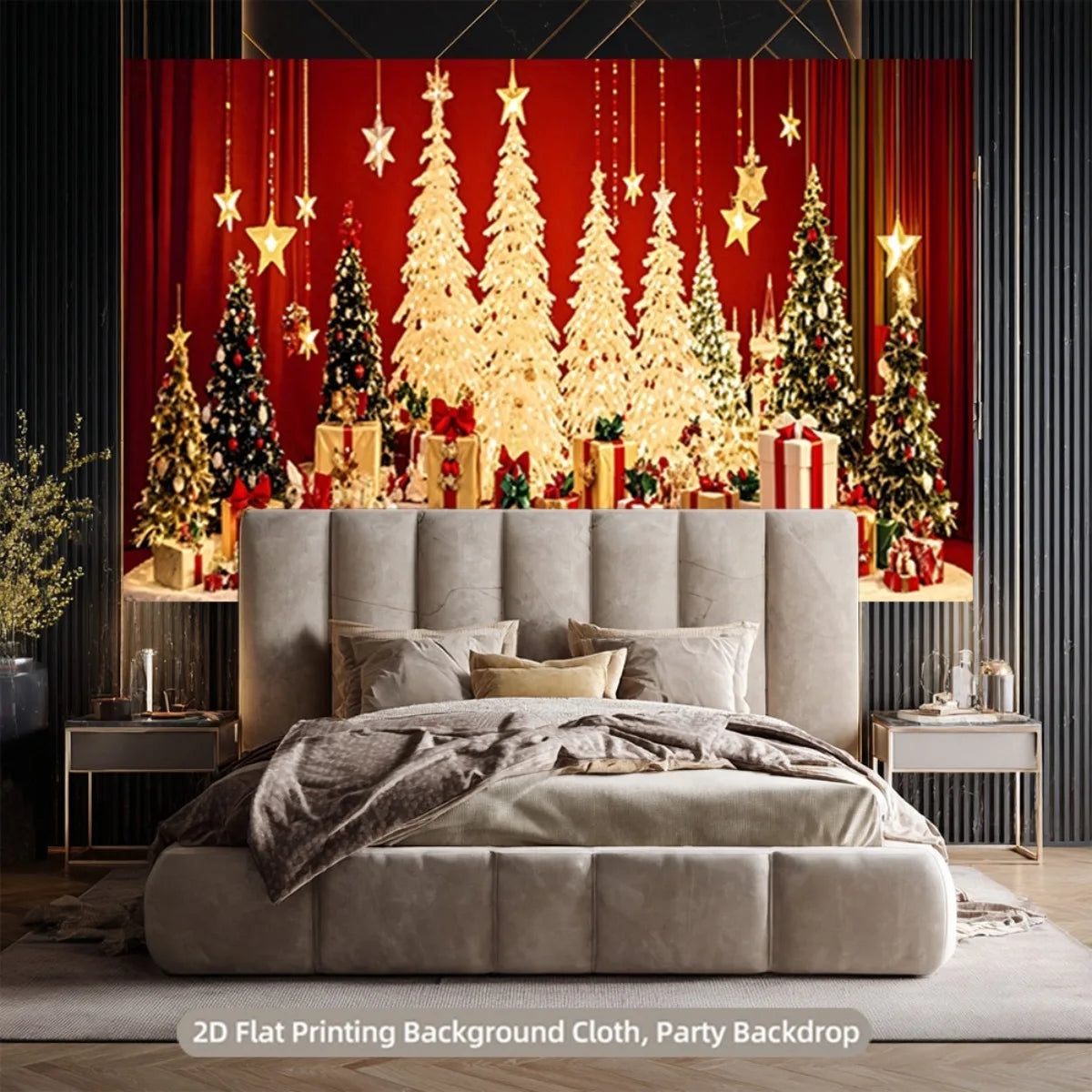 Christmas decorations with bright Christmas trees and colorful gift boxes between the red curtain: Light up the holiday dream