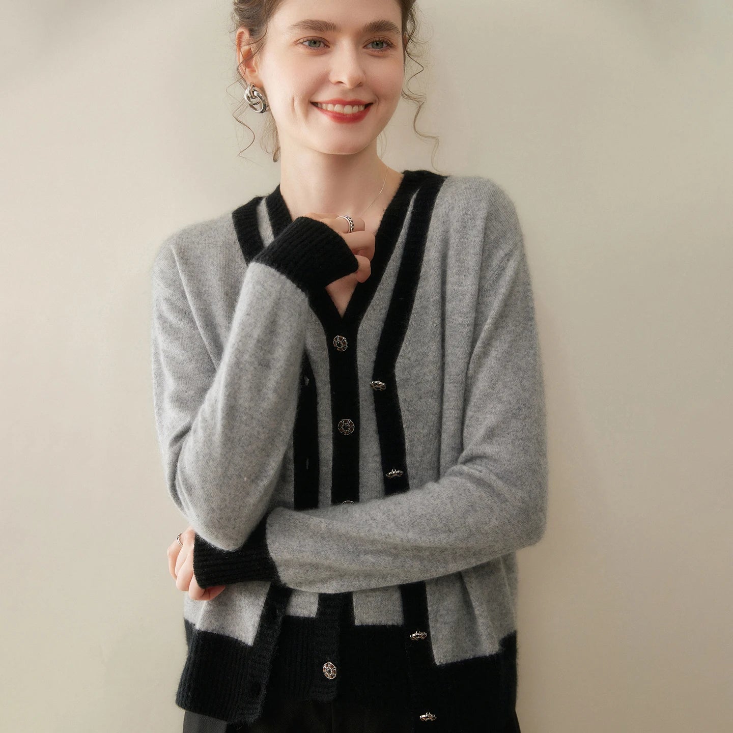 Women Cashmere Sweater V-neck  Cardigan and Vest Set Spring Autumn Winter 100% Cashmere Knitwear Long Sleeve Top Waistcoat Suit