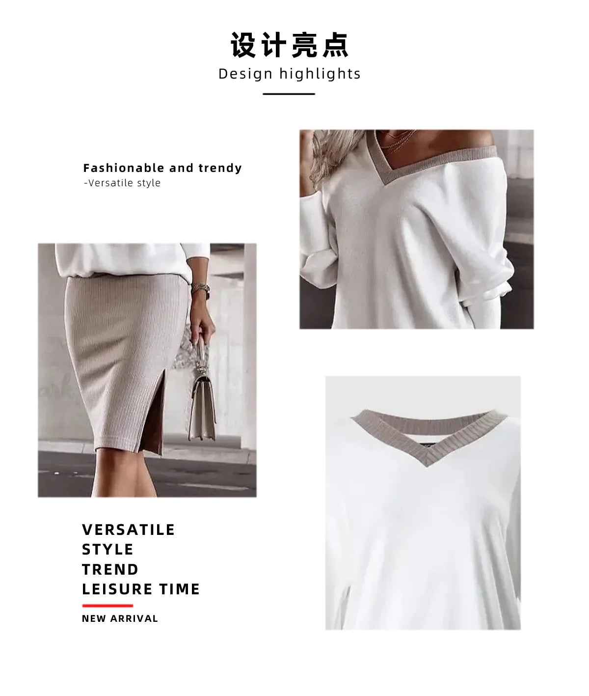 Autumn Winter Casual Loose V-neck Sweatshirt Suit Women's Tight Skirt Long-sleeved Top Two-piece Set New Fashion Holiday Sets