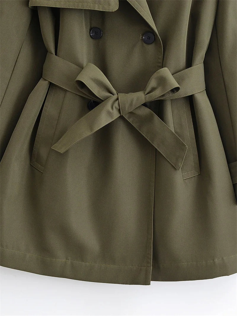 Women's Trench Coat 2025 Autumn New Style Army Green Long Sleeve Double-Breasted Belt Decorated Trench Coat Outerwear British