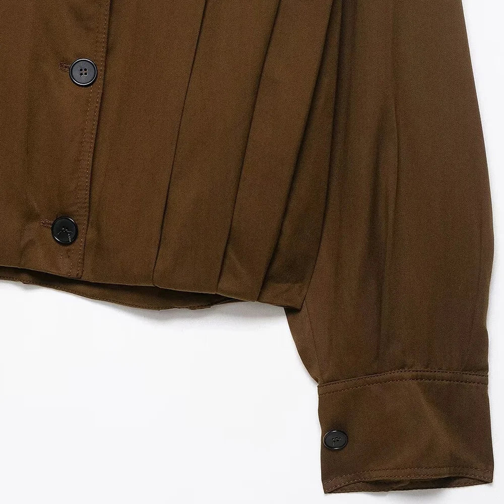 Women's Fashion Pleated Jacket Coat with Pads Lapel Collar Long Sleeve Front Button Chic Outerwear Top