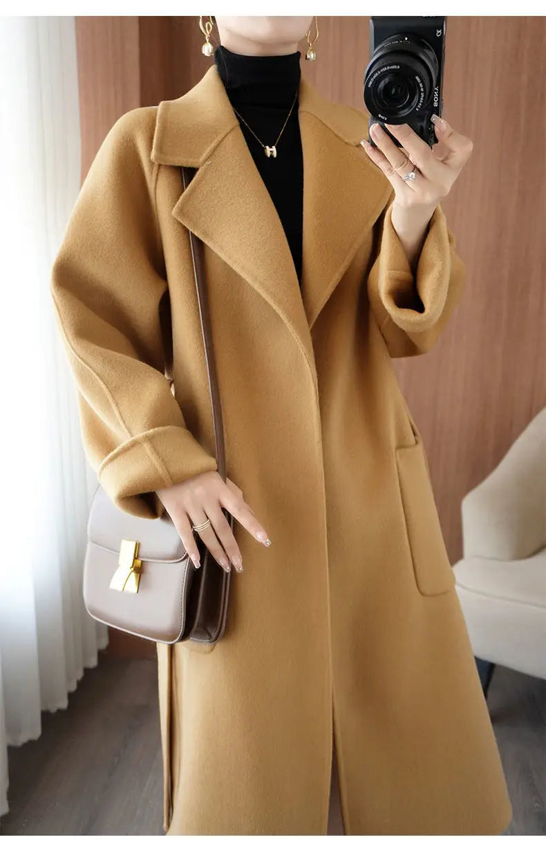 2024 Women's Wear 100% Wool Coat Autumn/Winter Fashion Temperament Double sided Cashmere Coats with Belt Elegant Long Overcoat