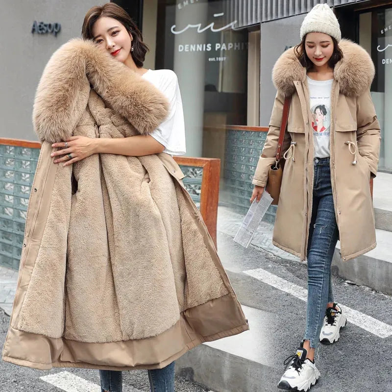 Winter Women Jacket Parkas Warm Casual Parka Clothes Long Soft Tops Hooded Parka Female Fur Lining Thick Pockets Fashion Coat