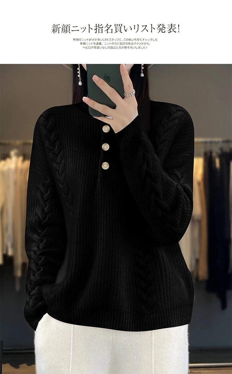 Cashmere Sweater Women's 2023 Autumn/Winter New Knitted Half High Collar Pullover 100% Wool Loose Korean Fashion Luxury Top