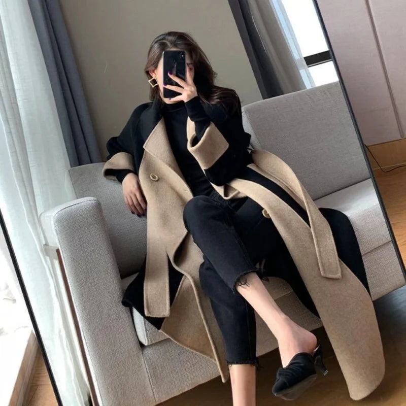 New Autumn Winter Women Coat Color Matching Turn-down Collar Double-breasted Mid Length Lady Coat Double-sided Female Overcoat