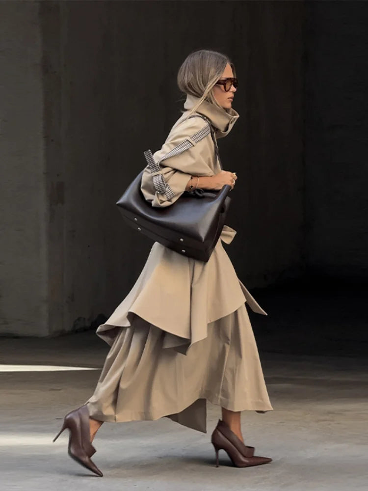 Women's Trench Coat Double Breasted Stand Collar Epaulet Lace Up Long Windbreaker Office Lady Winter Autumn Solid Slim Outerwear