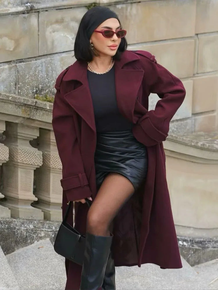 HH Winter Elegant Women Turn-Down Collar Long Coat Solid Long Sleeves Pocket Belt Double-Breasted Female Slim Windbreaker Coats