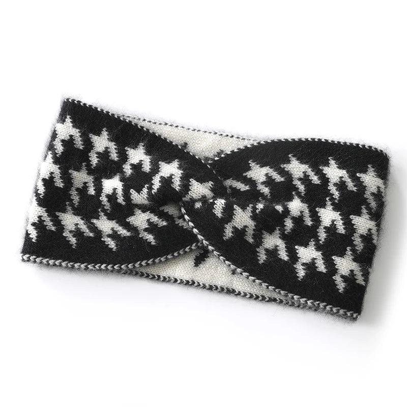 100% Cashmere Headband for Women, Color Block Hair Accessory, Wide Edge Bow Knitted Hair Ornament, Computer Jacquard Headband