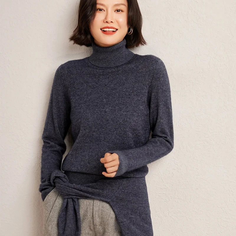 100% Pure Cashmere Sweaters Women' Lapel Knitted Pullover Casual Loose High-End Sweater Autumn New High-Neck Cashmere Base Shirt