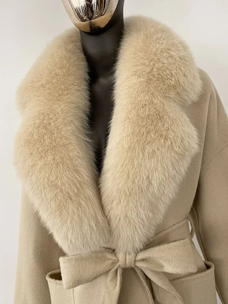 2025 Winter Fashion Women Double-sided Wool Cashmere Coat with Detachable Natural Fox Fur Collar Luxurious Genuine Fur Coat