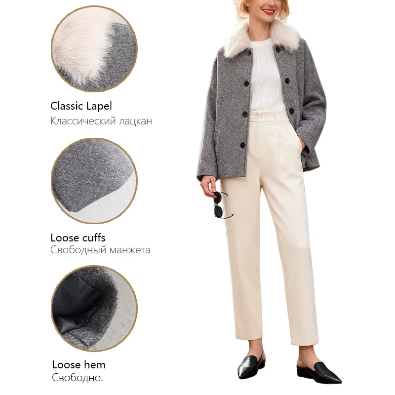 Womens Fashion Coat With Fur Collar Single Breasted Wool Coat Stylish And Versatile Suitable For Everyday And Work Wear