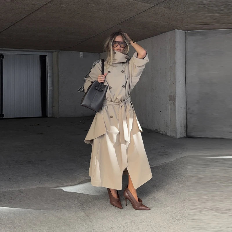 Women's Trench Coat Double Breasted Stand Collar Epaulet Lace Up Long Windbreaker Office Lady Winter Autumn Solid Slim Outerwear