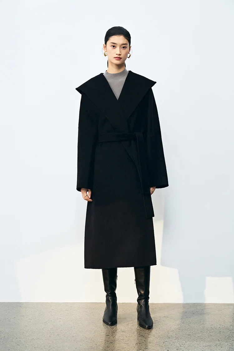 Office Lady Cashmere Woolen Jackets 2024 Autumn And Winter High-Grade Hooded Bathrobe Style Loose Lace-Up Long Women Wool Coats