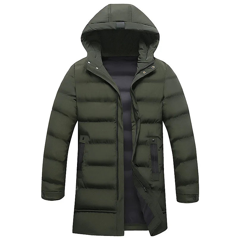Man Down Jacket Winter Fashion Thicken Solid Color Hooded Male Outerwear Cold-proof Mid Length Long Sleeve Zipper Men Coat