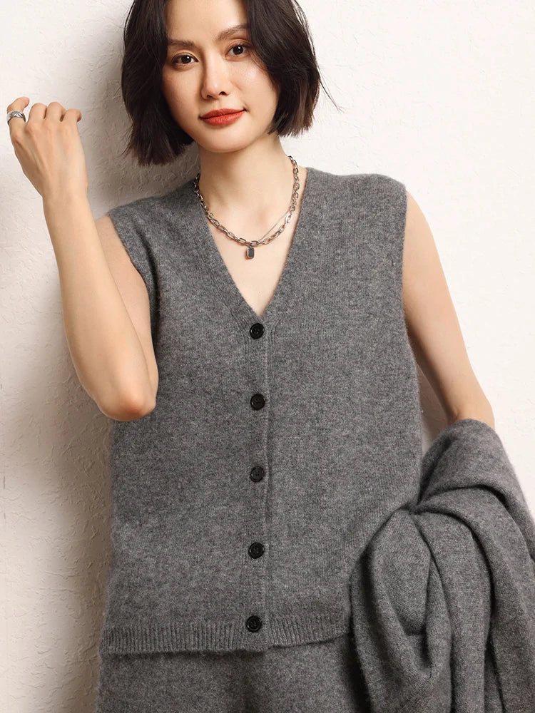 Women Cashmere Sweater Waistcoat Cardigans Vests 100% Cashmere Knitwear Autumn Winter Classics Sleeveless V-neck Office Lady Top