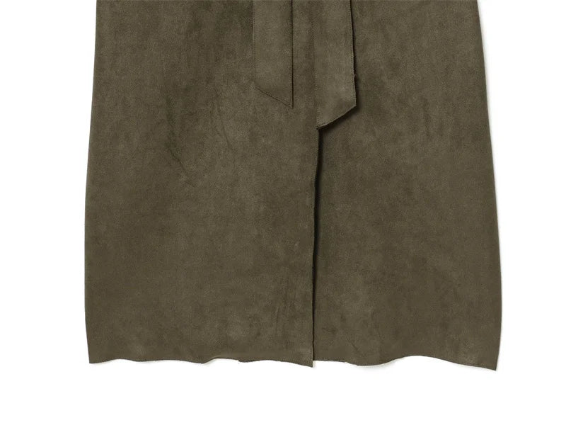 Women's Trench Coat 2025 Autumn New Style Military Green Long Sleeve Suede Effect with Belted Decoration Long Coat Stylish