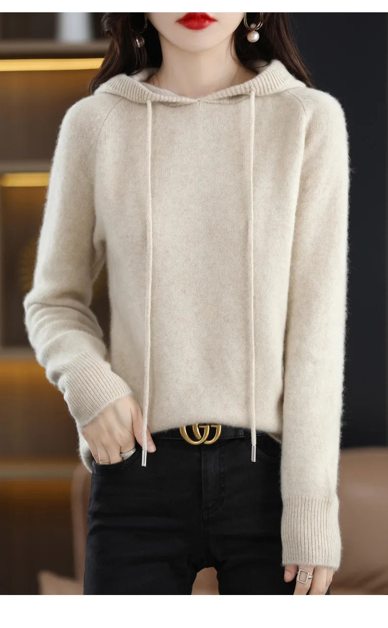 Cashmere Hooded Sweater Women Autumn Winter Long Sleeve Solid Color Knitted Hoodies Lady Loose Drawstring Casual Pullover Hoodie