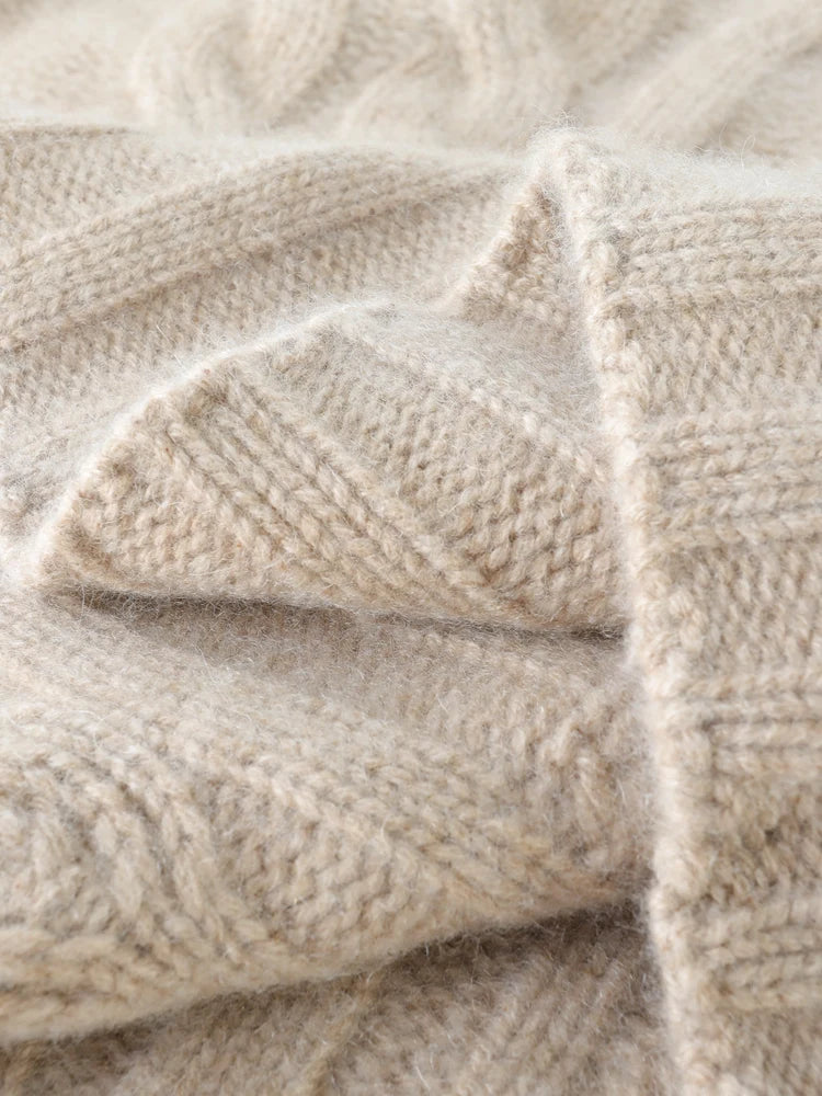 Women 100% Cashmere Sweater Mock Neck Pullover Cable Knitting Vintage Loose Style Thickened Cashmere Knitwear Autumn Winter Tops