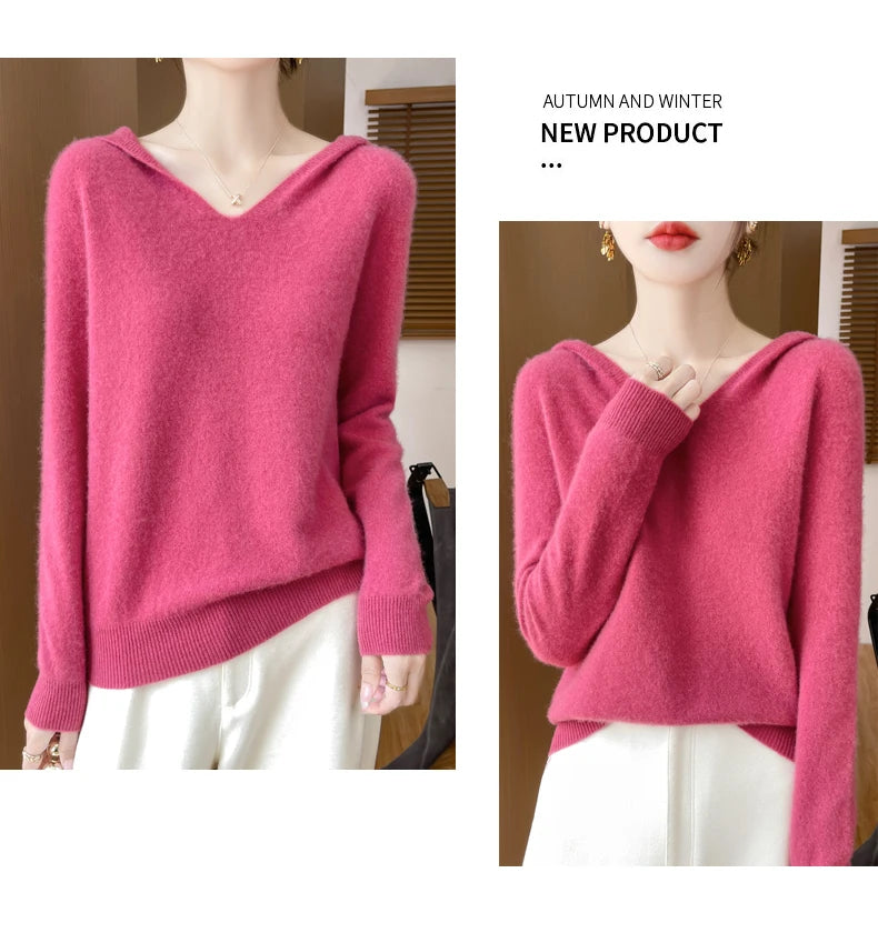 Women Autumn Winter Clothing Hooded Collar Pullover 100% Merino Wool Sweater New Fashion Cashmere Tops Bottoming Knitwear Soft