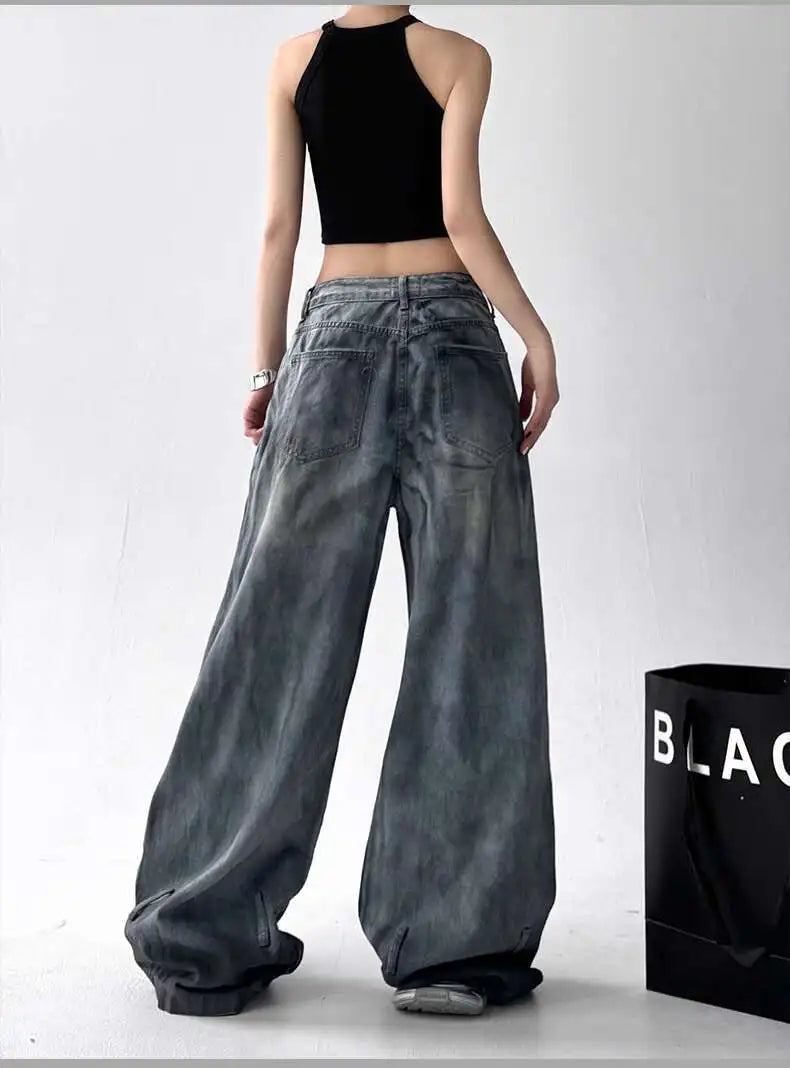 Women Jeans Pants American High Street Ripped Straight Wide-Leg Jeans For Women Design Tie-Dye Jazz Dance Cargo Full Thin Jeans