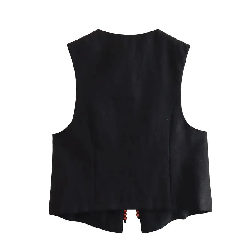 MUJER Beading Sleeveless Vest Woman V Neck Black Cropped Vest Women Jacket Tied Short Coats Waistcoat Women's Fashion Vests 2025