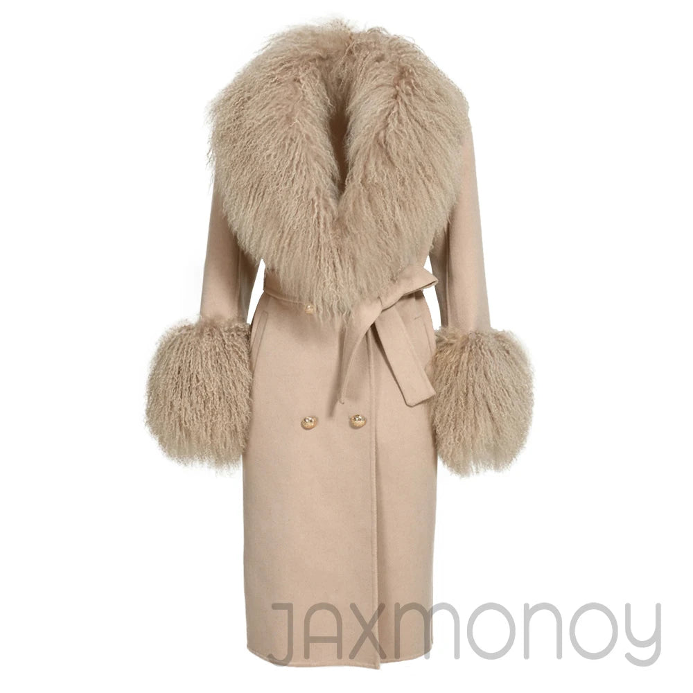 Women Cashmere Wool Coat With Real Mongolian Sheep Fur Collar  Ladies Autumn Winter Fashion Long Outwear Full Sleeve Fur Jacket