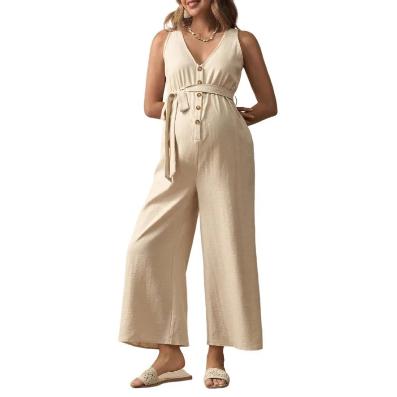 Maternity Clothes 2025 Dress for Pregnant Women V-neck Sleeveless Pregnancy Pants Belt Casual Loose Long Overalls Clothing