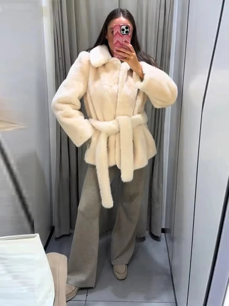 HH Winter Elegant Women Belted Artificial Fur Effect Coat Female Single Breasted Long Sleeve Loose Warm Faux Fur Jacket Outwear