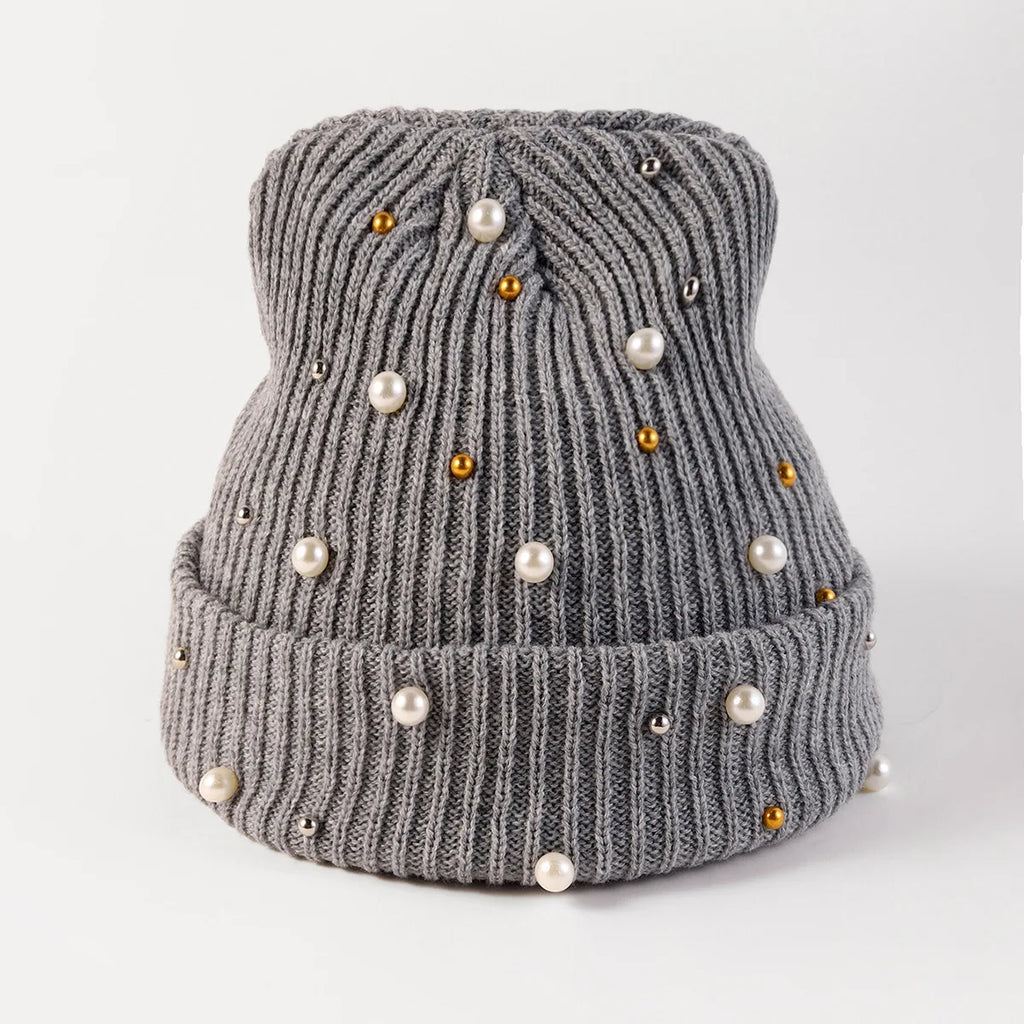 New Autumn And Winter Woolen Hat For Women, Fashionable Pearl Embellishment, Winter Warm Knitted Hat