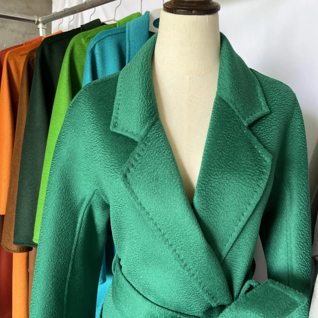 Cashmere Coat Female Winter Mid-Length Corrugated Coat Black Wool Coat Woman Autumn New Casual Fashion Red Beige Lace-Up Coat