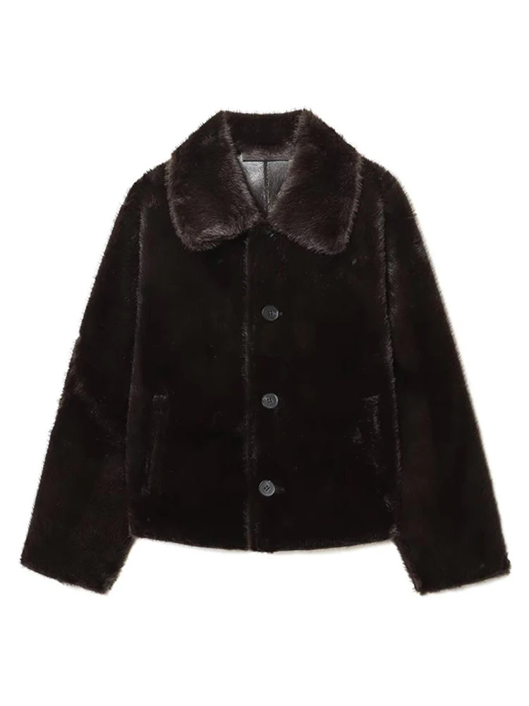 Winter Women New Double-sided Fleece Leather Jacket Fashion Reversible Lapel Single Breasted  Short Coat Retro Pocket Outwear