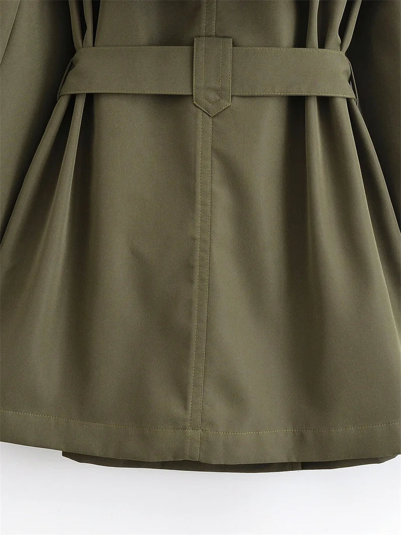 Women's Trench Coat 2025 Autumn New Style Army Green Long Sleeve Double-Breasted Belt Decorated Trench Coat Outerwear British