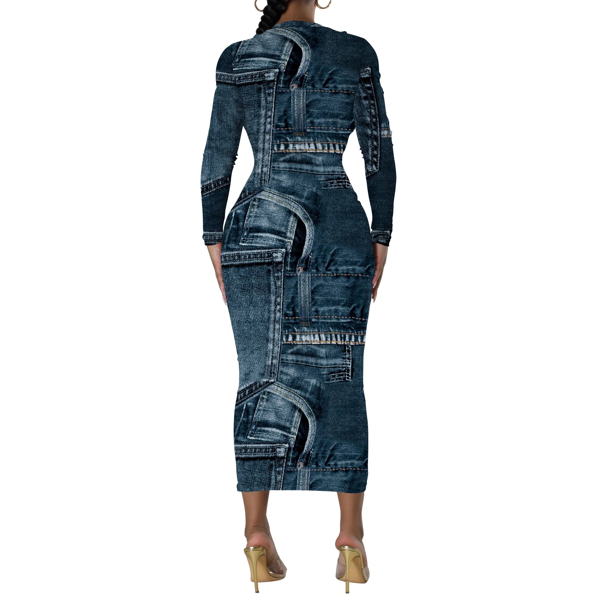 European and American women's fashion temperament casual print slim black dress