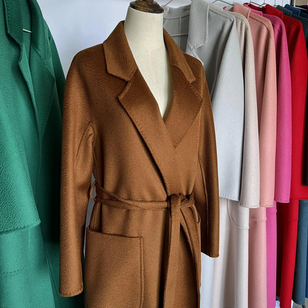 Cashmere Coat Female Winter Mid-Length Corrugated Coat Black Wool Coat Woman Autumn New Casual Fashion Red Beige Lace-Up Coat