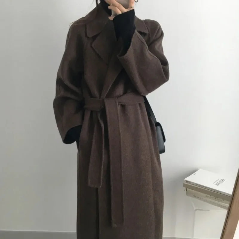 Elegant Woolen Coat Women's 2025 Autumn Winter Mid Length Adjustable Waist Thick Casual Long Sleeve Fashion Wool Coats Female