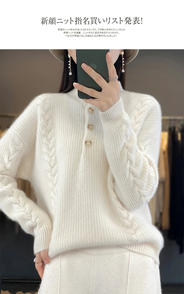 Cashmere Sweater Women's 2023 Autumn/Winter New Knitted Half High Collar Pullover 100% Wool Loose Korean Fashion Luxury Top