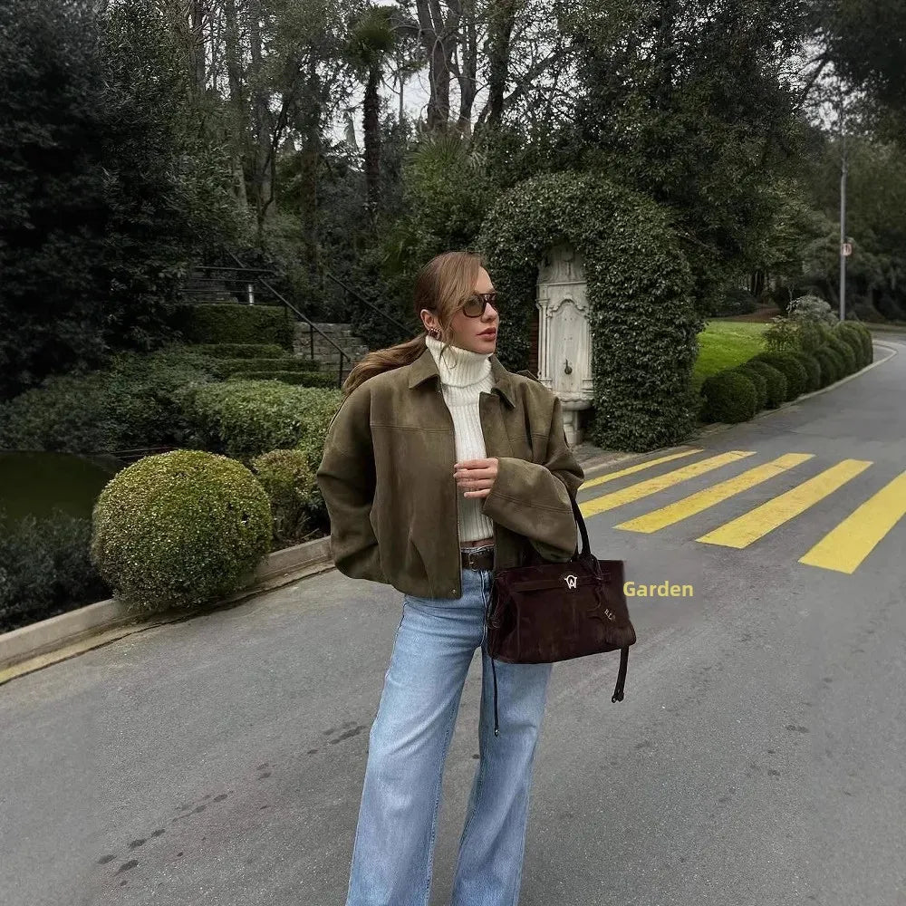 Unique Design Suede Jacket Women's Long Sleeve Waist Cinched Cuffed Flip Collar Pilot Style Fashionable Versatile Outerwear